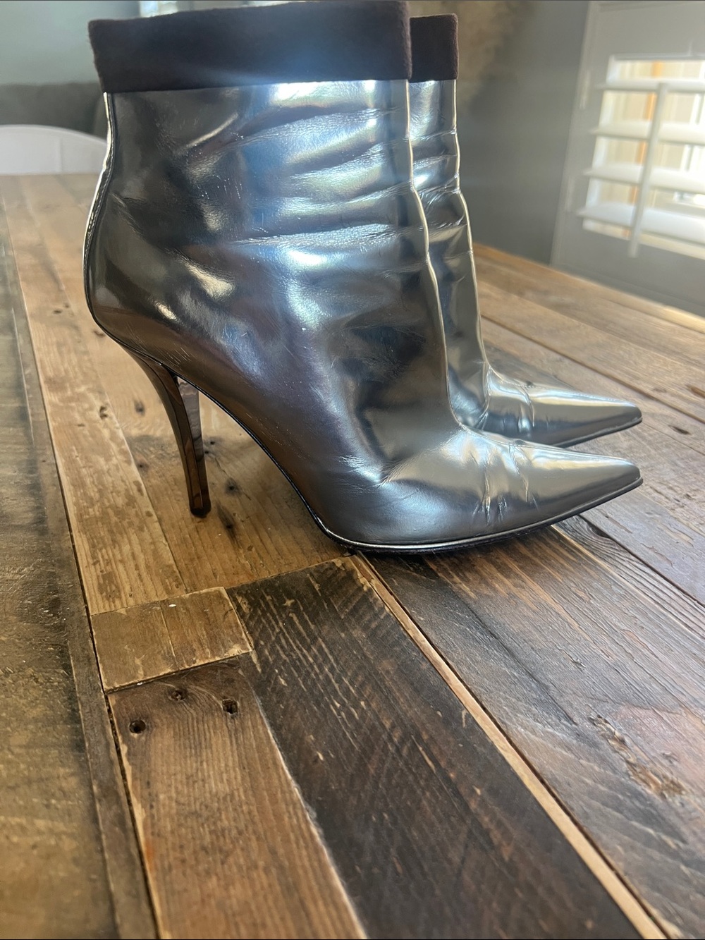 Marciano Metallic Black Pointed-Toe Stiletto Ankle Boots